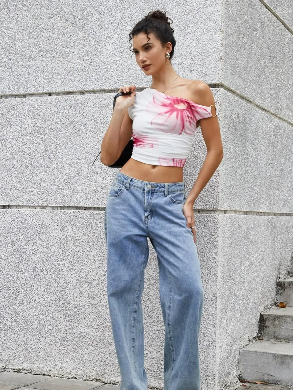 Milumia Women Floral Print Asymmetric Neck Crop Shirt One Shoulder Ruched Tank Top