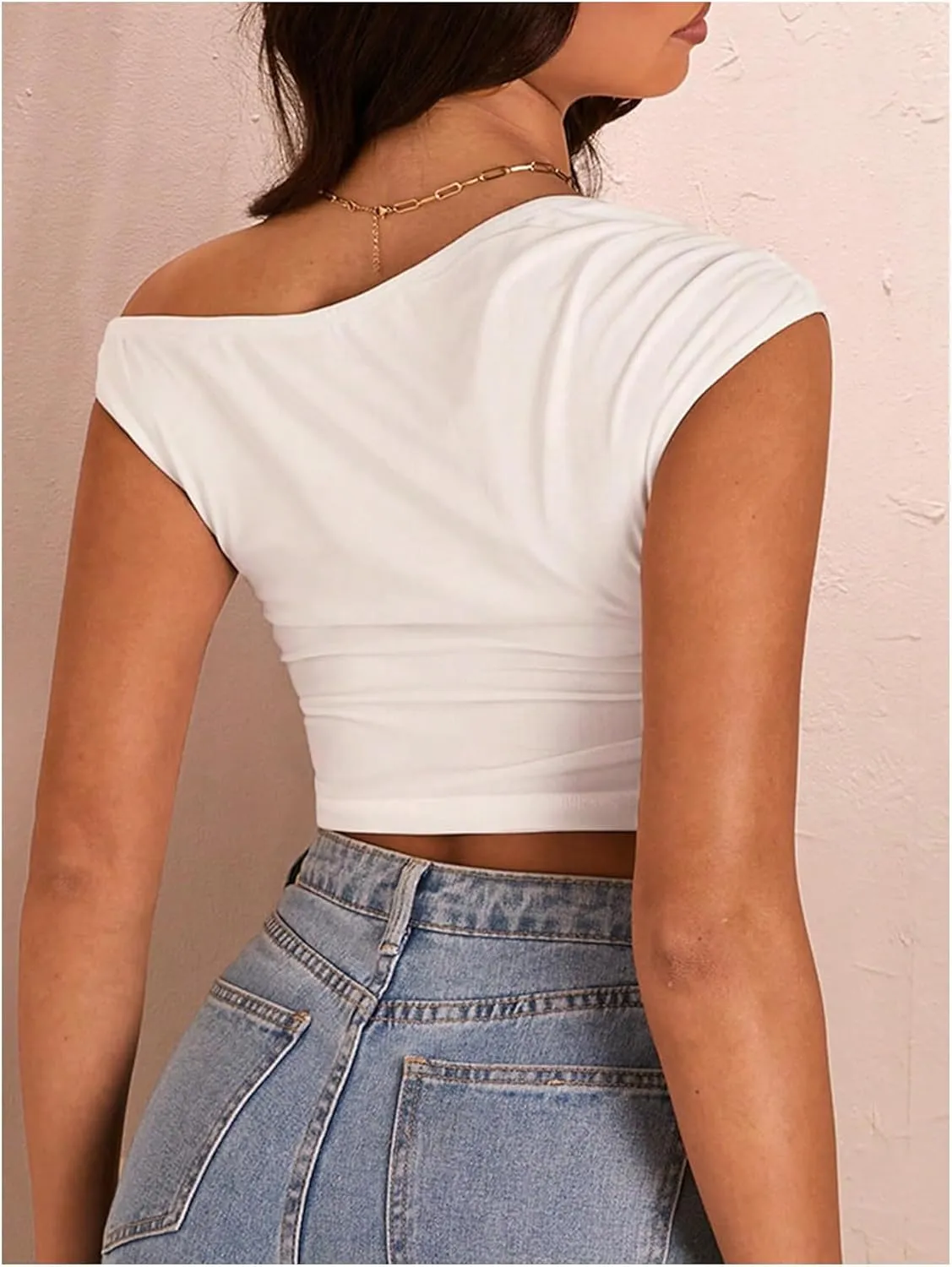 Milumia Women Floral Print Asymmetric Neck Crop Shirt One Shoulder Ruched Tank Top