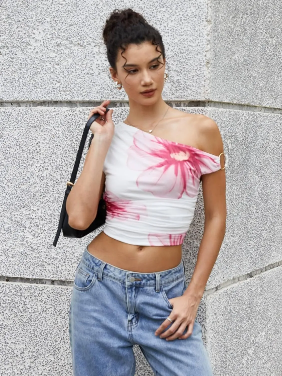 Milumia Women Floral Print Asymmetric Neck Crop Shirt One Shoulder Ruched Tank Top