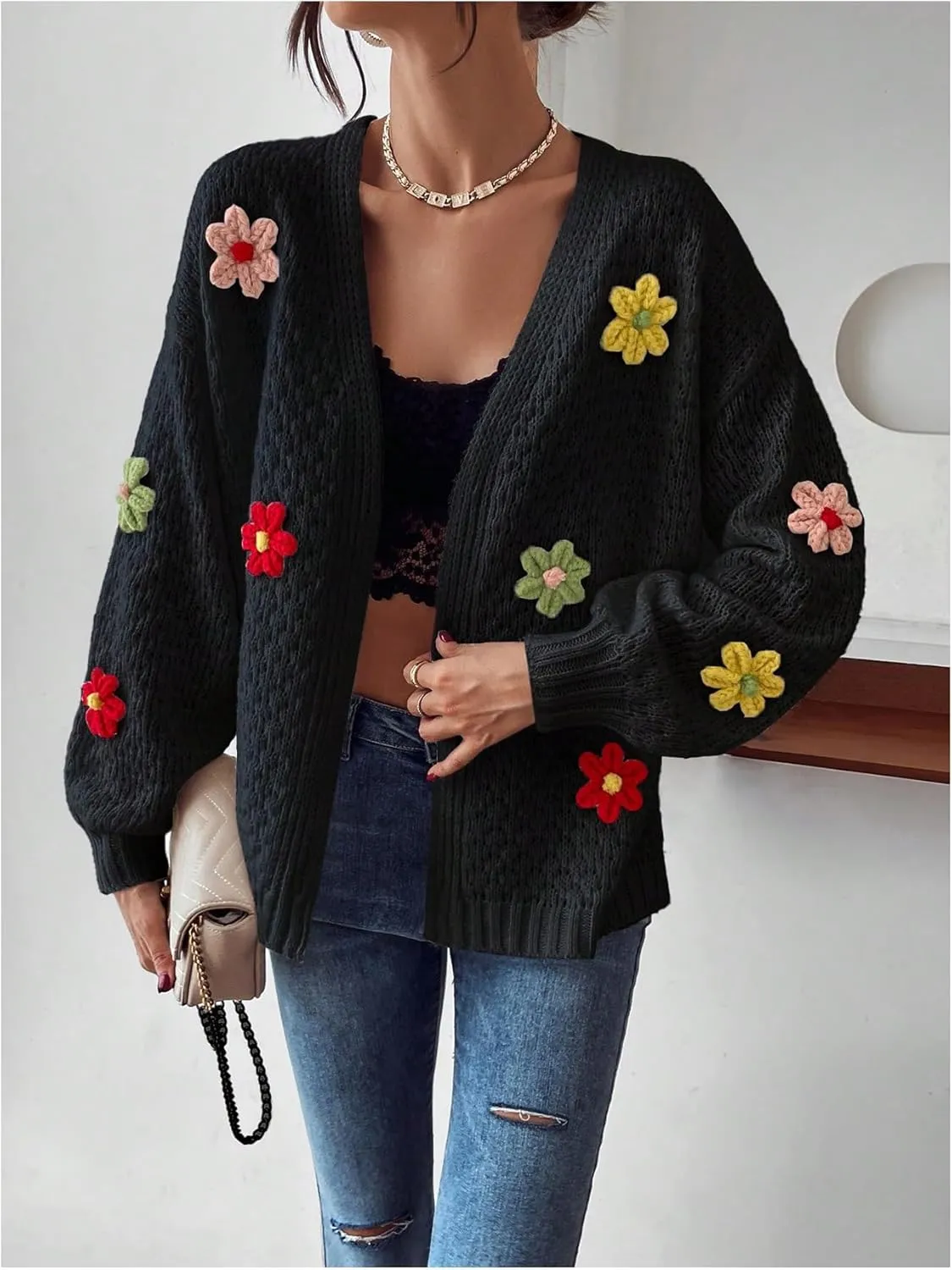 Milumia Women's Floral Knit Open Front Long Sleeve Loose Sweater Cardigan