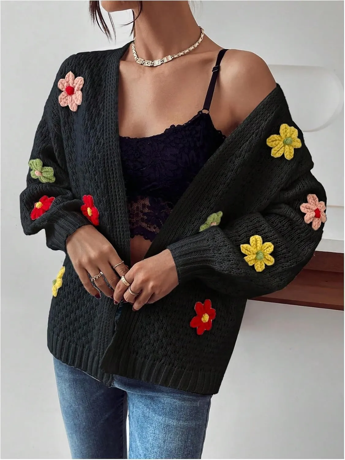 Milumia Women's Floral Knit Open Front Long Sleeve Loose Sweater Cardigan