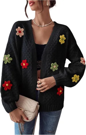 Milumia Women's Floral Knit Open Front Long Sleeve Loose Sweater Cardigan