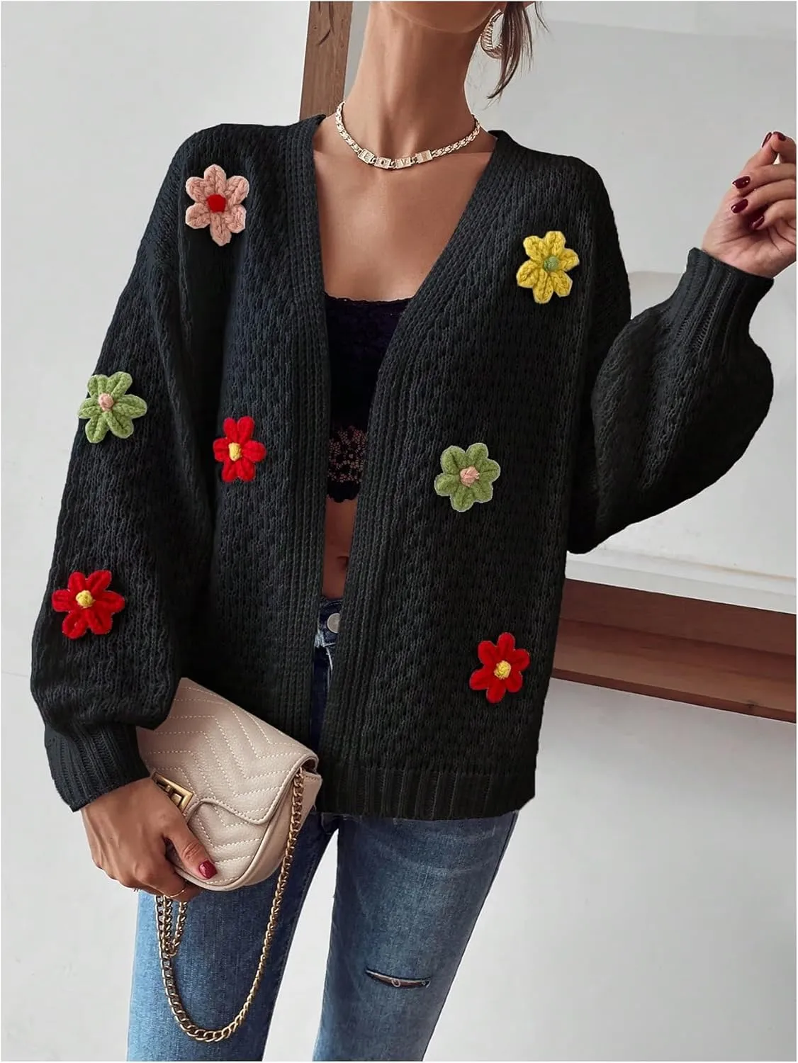 Milumia Women's Floral Knit Open Front Long Sleeve Loose Sweater Cardigan