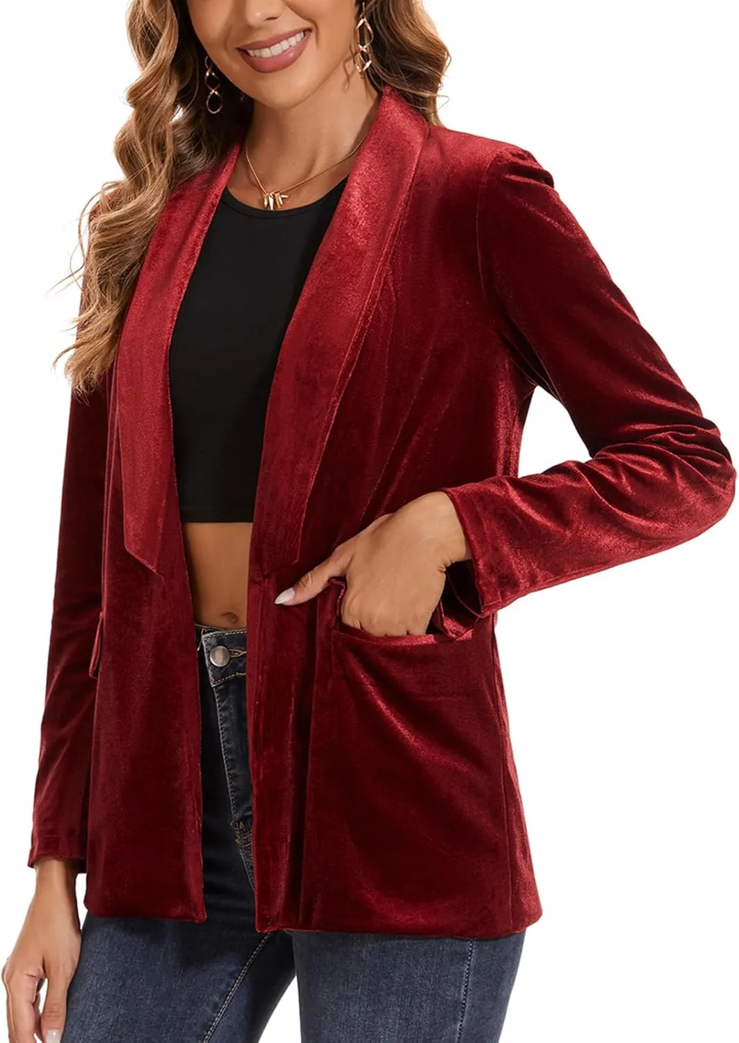 MINTLIMIT Women's Velvet Blazer Lightweight Long Sleeve Jacket Shawl Lapel Open Front Casual Blazers with Pockets