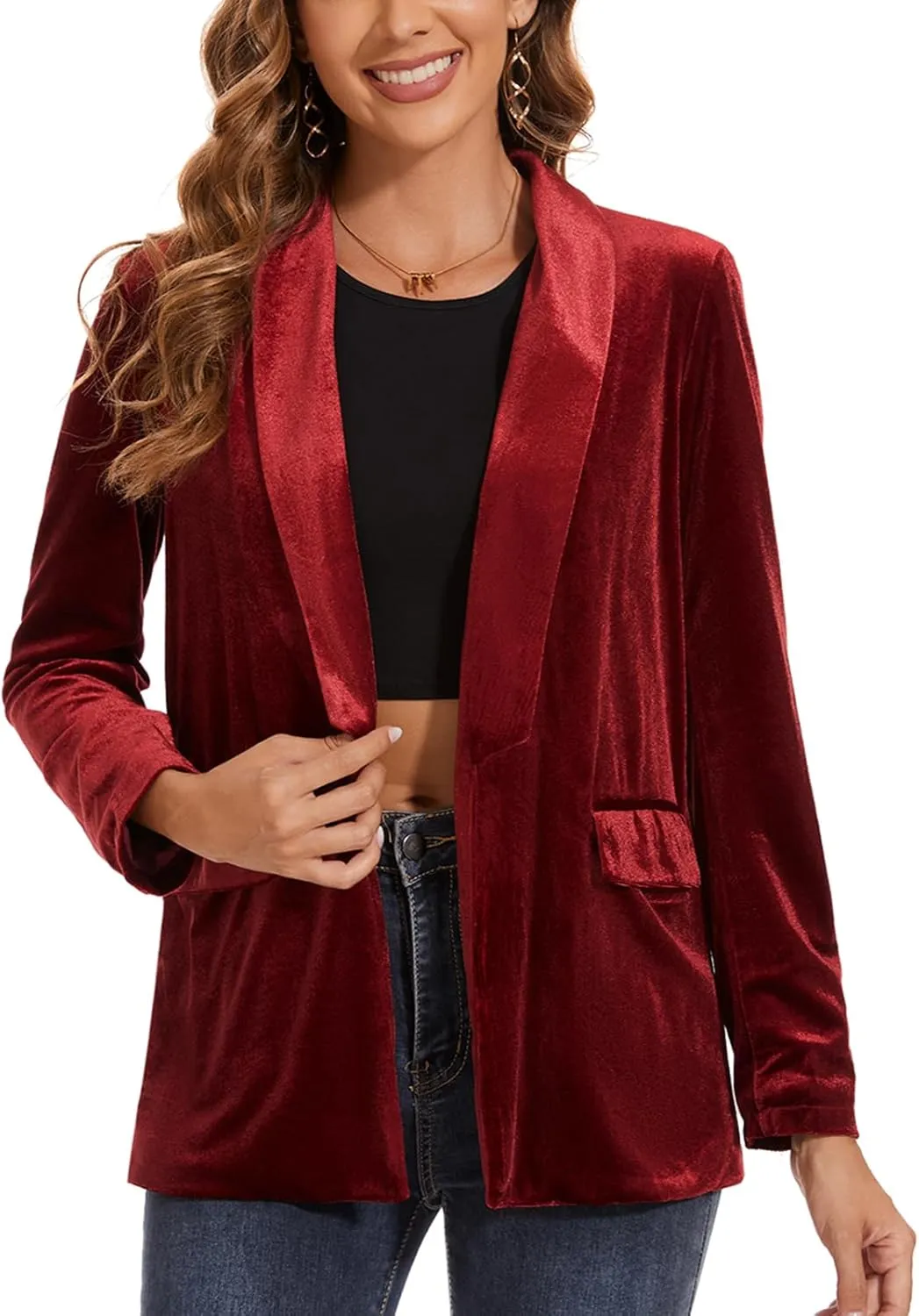 MINTLIMIT Women's Velvet Blazer Lightweight Long Sleeve Jacket Shawl Lapel Open Front Casual Blazers with Pockets