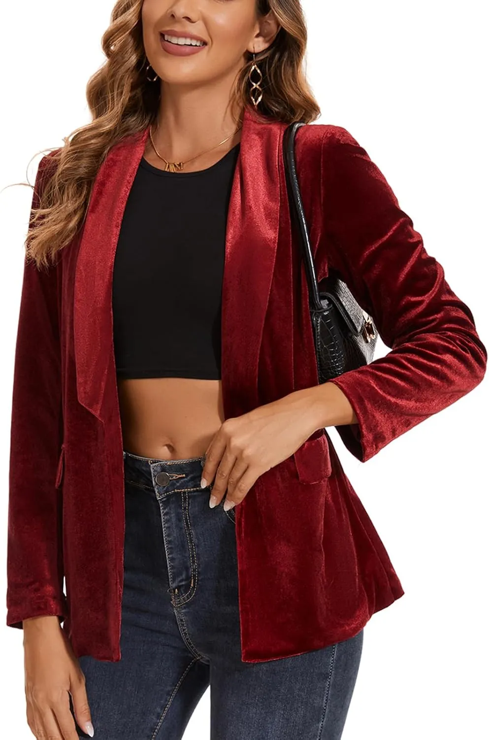 MINTLIMIT Women's Velvet Blazer Lightweight Long Sleeve Jacket Shawl Lapel Open Front Casual Blazers with Pockets