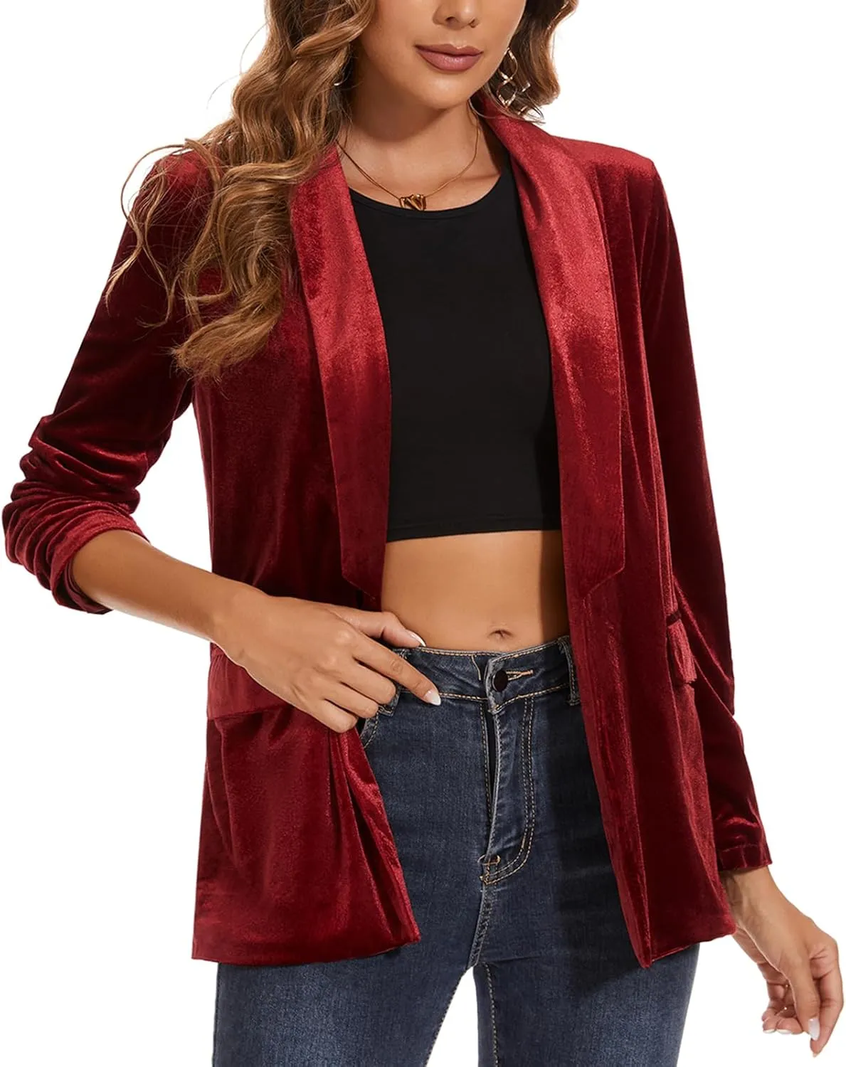 MINTLIMIT Women's Velvet Blazer Lightweight Long Sleeve Jacket Shawl Lapel Open Front Casual Blazers with Pockets