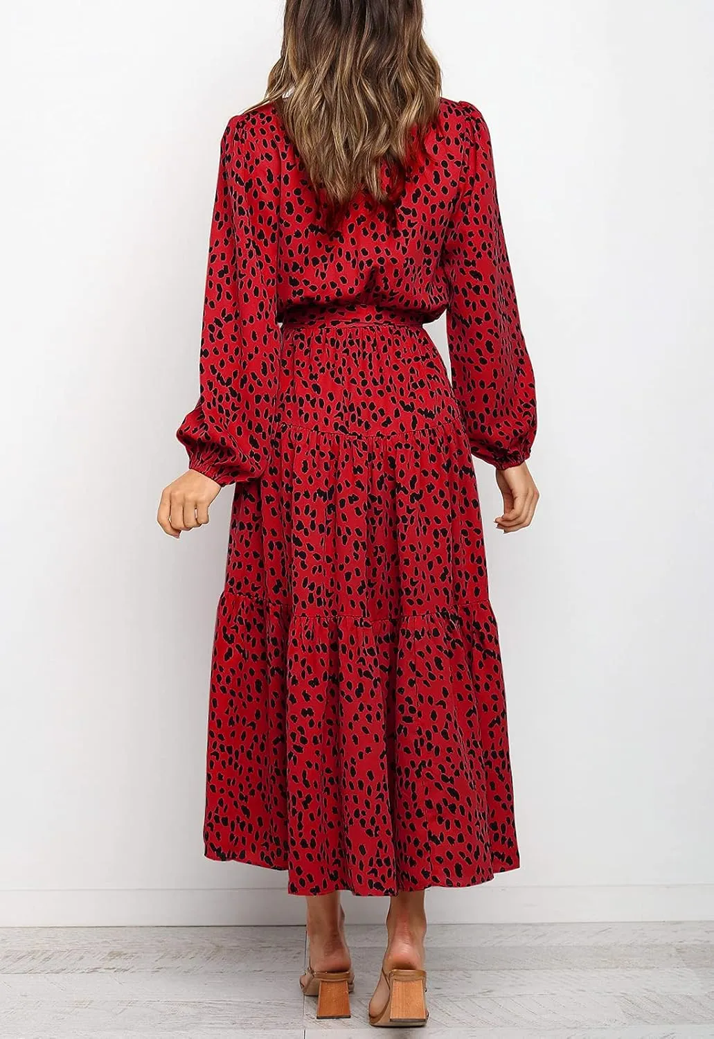 MITILLY Women's Boho Leopard Print Ruffle Long Sleeve V Neck Casual Flowy Party Maxi Dress