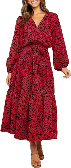 MITILLY Women's Boho Leopard Print Ruffle Long Sleeve V Neck Casual Flowy Party Maxi Dress