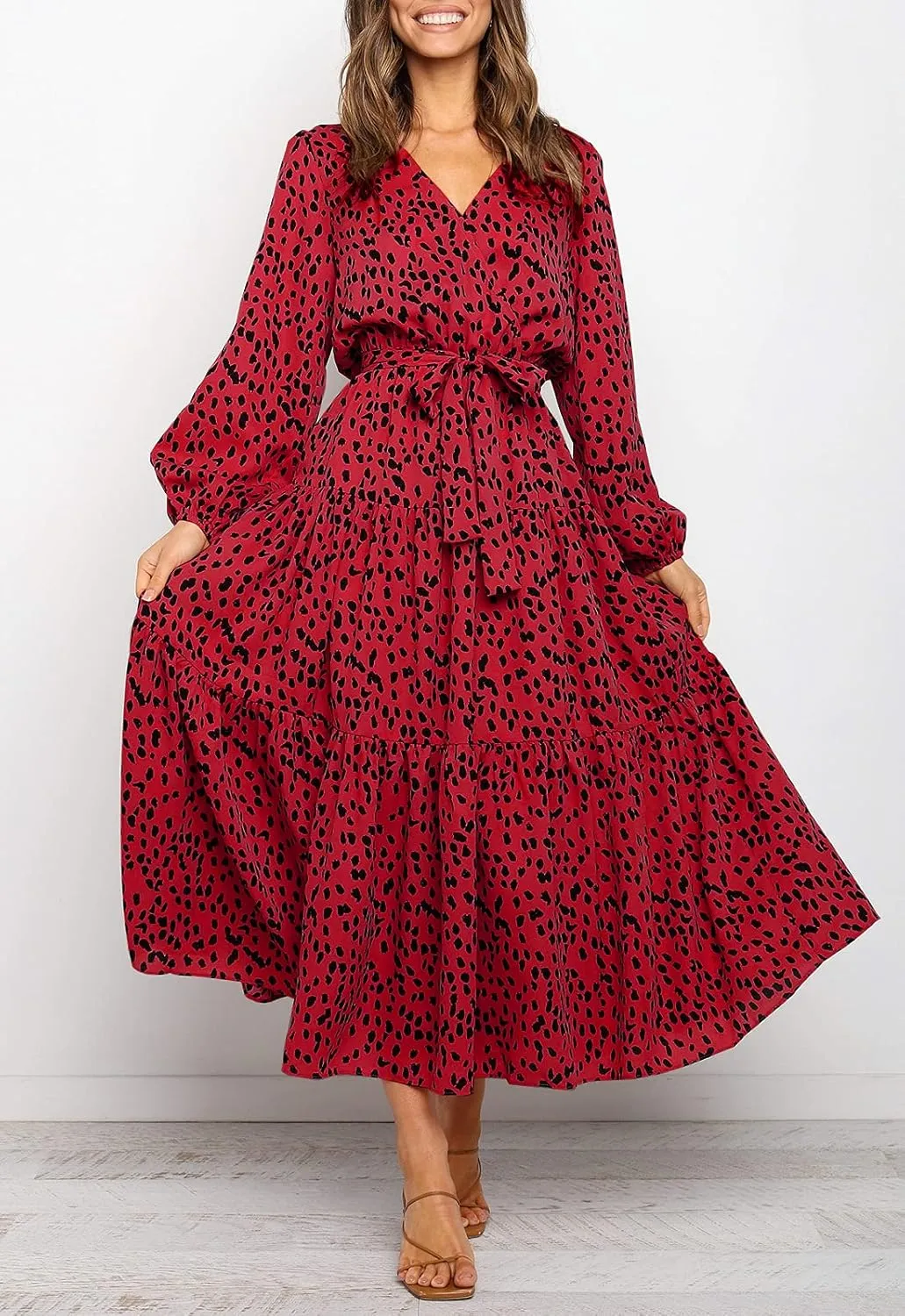 MITILLY Women's Boho Leopard Print Ruffle Long Sleeve V Neck Casual Flowy Party Maxi Dress