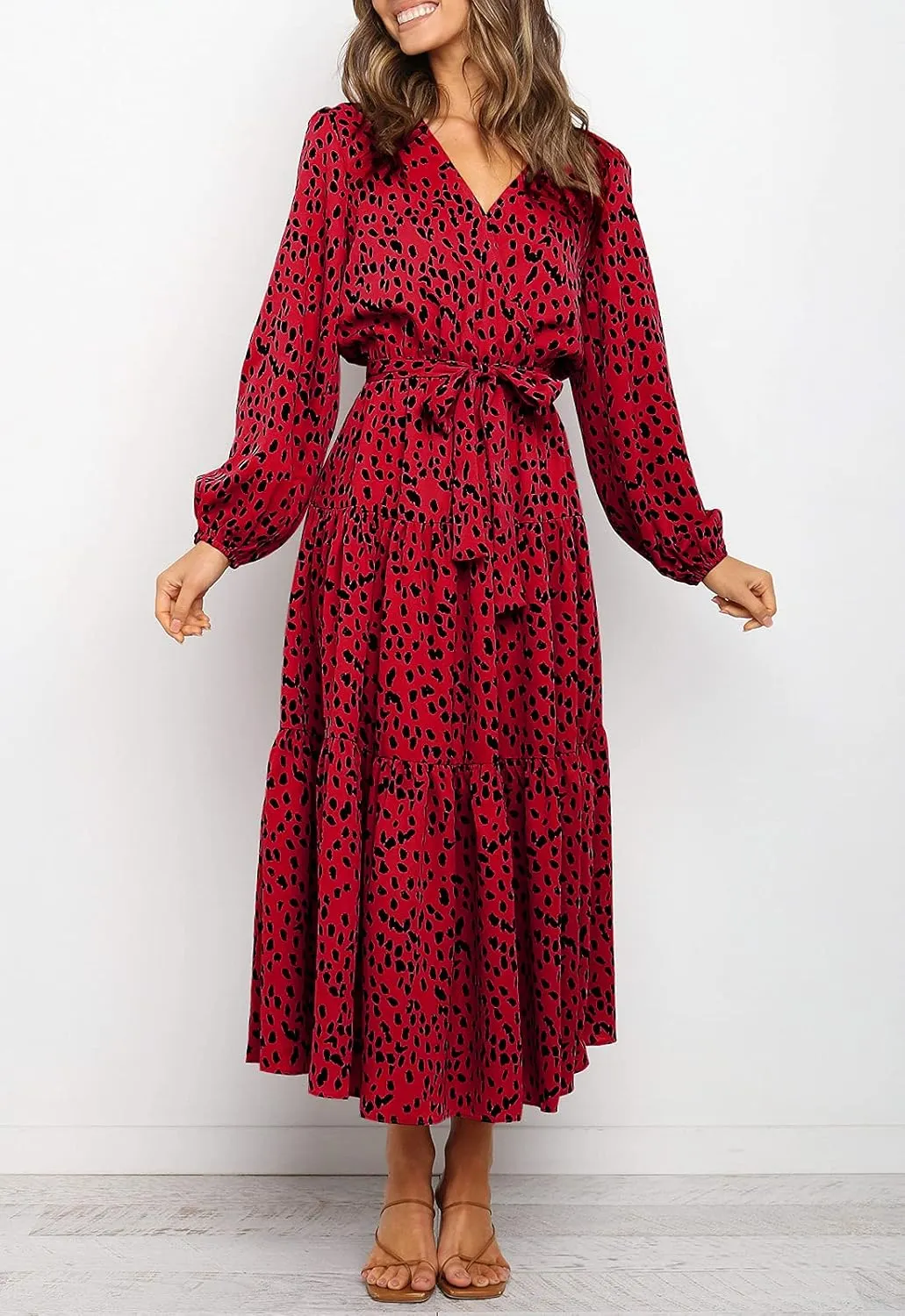 MITILLY Women's Boho Leopard Print Ruffle Long Sleeve V Neck Casual Flowy Party Maxi Dress
