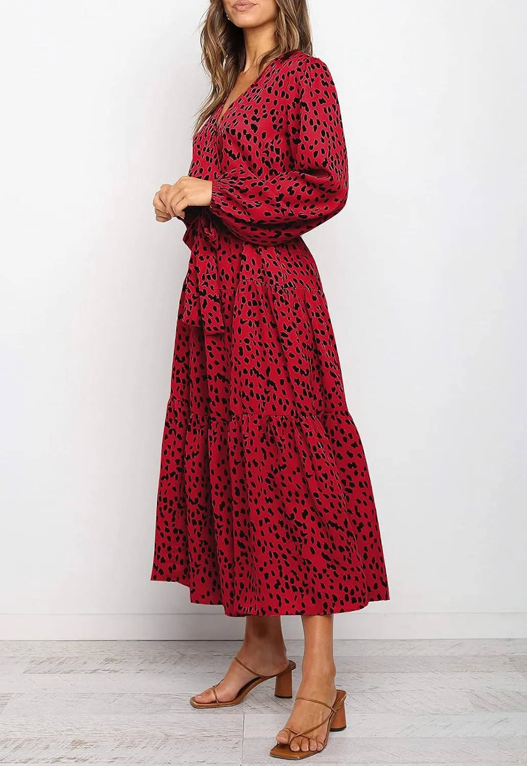 MITILLY Women's Boho Leopard Print Ruffle Long Sleeve V Neck Casual Flowy Party Maxi Dress