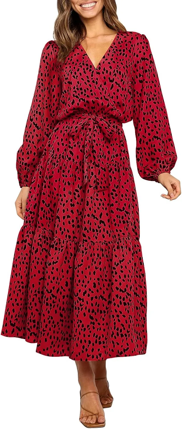 MITILLY Women's Boho Leopard Print Ruffle Long Sleeve V Neck Casual Flowy Party Maxi Dress