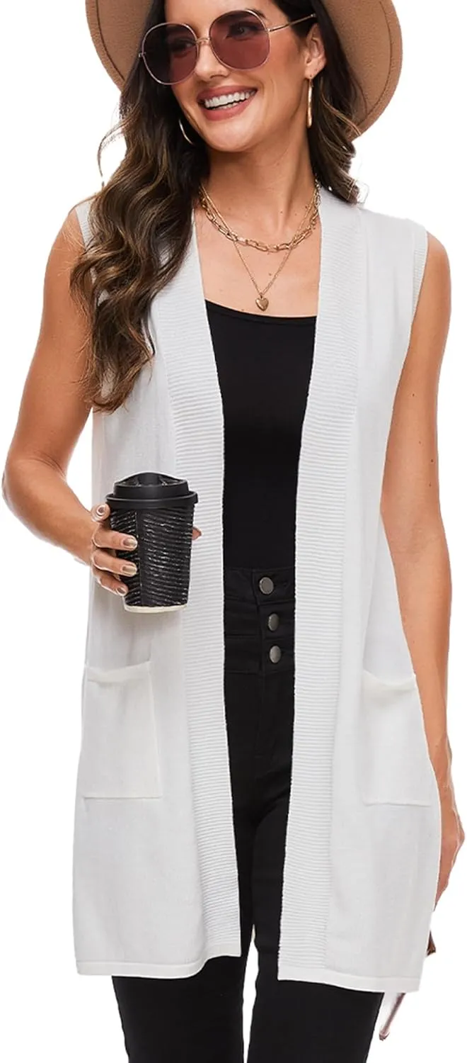 Moss Rose Long Vest for Women Sleeveless Lightweight Open Front Cardigans Ribbed Knit Outwear with Pockets