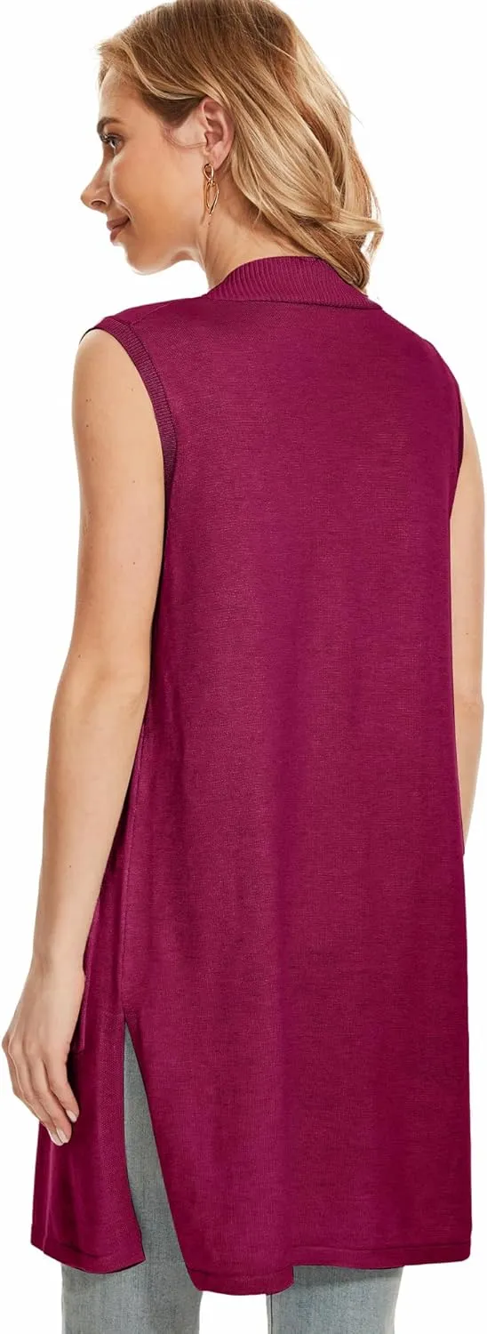 Moss Rose Long Vest for Women Sleeveless Lightweight Open Front Cardigans Ribbed Knit Outwear with Pockets