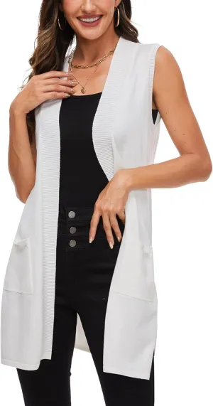 Moss Rose Long Vest for Women Sleeveless Lightweight Open Front Cardigans Ribbed Knit Outwear with Pockets