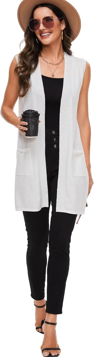 Moss Rose Long Vest for Women Sleeveless Lightweight Open Front Cardigans Ribbed Knit Outwear with Pockets