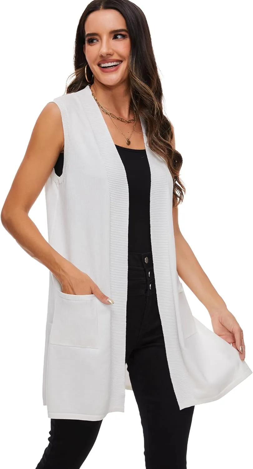 Moss Rose Long Vest for Women Sleeveless Lightweight Open Front Cardigans Ribbed Knit Outwear with Pockets