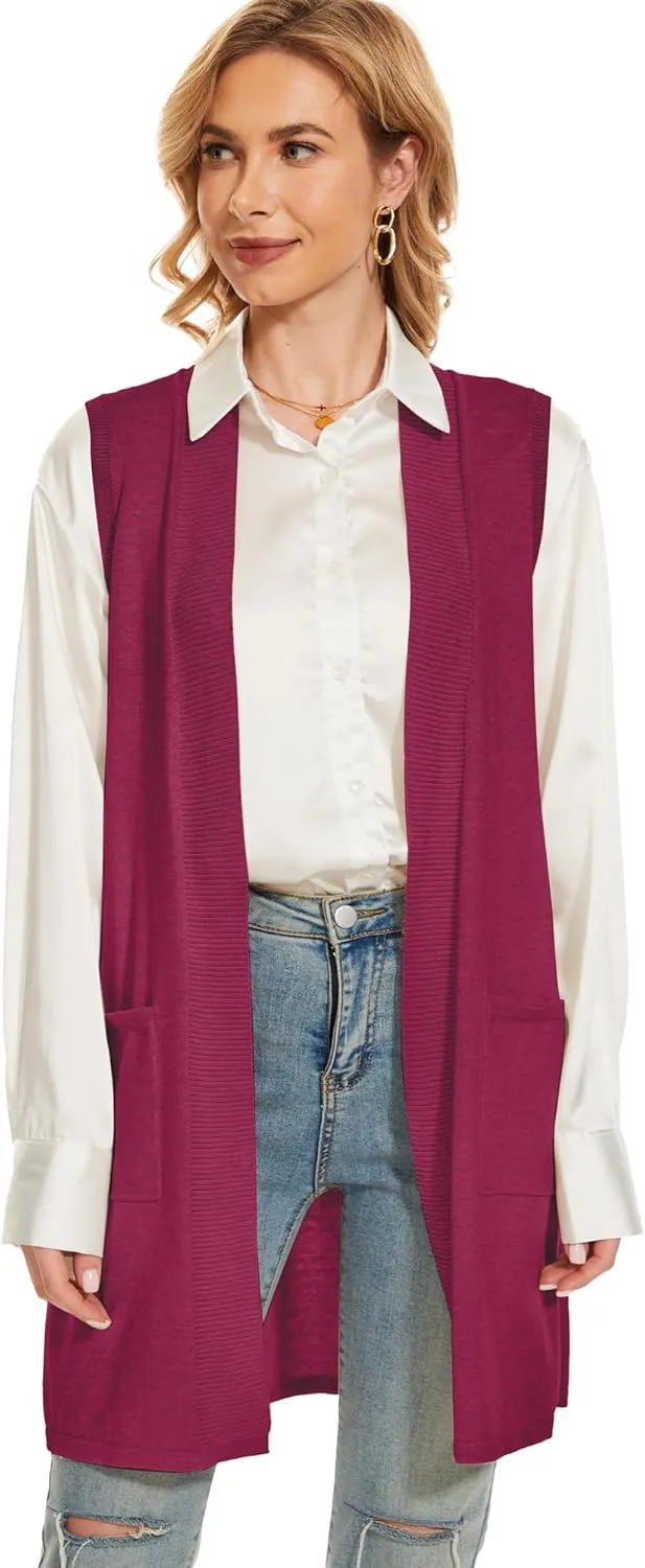 Moss Rose Long Vest for Women Sleeveless Lightweight Open Front Cardigans Ribbed Knit Outwear with Pockets
