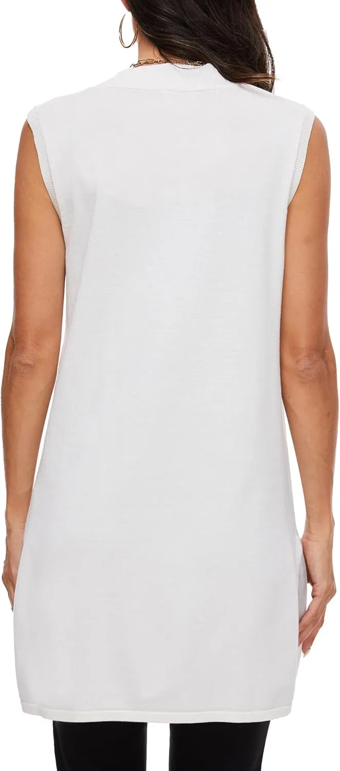Moss Rose Long Vest for Women Sleeveless Lightweight Open Front Cardigans Ribbed Knit Outwear with Pockets