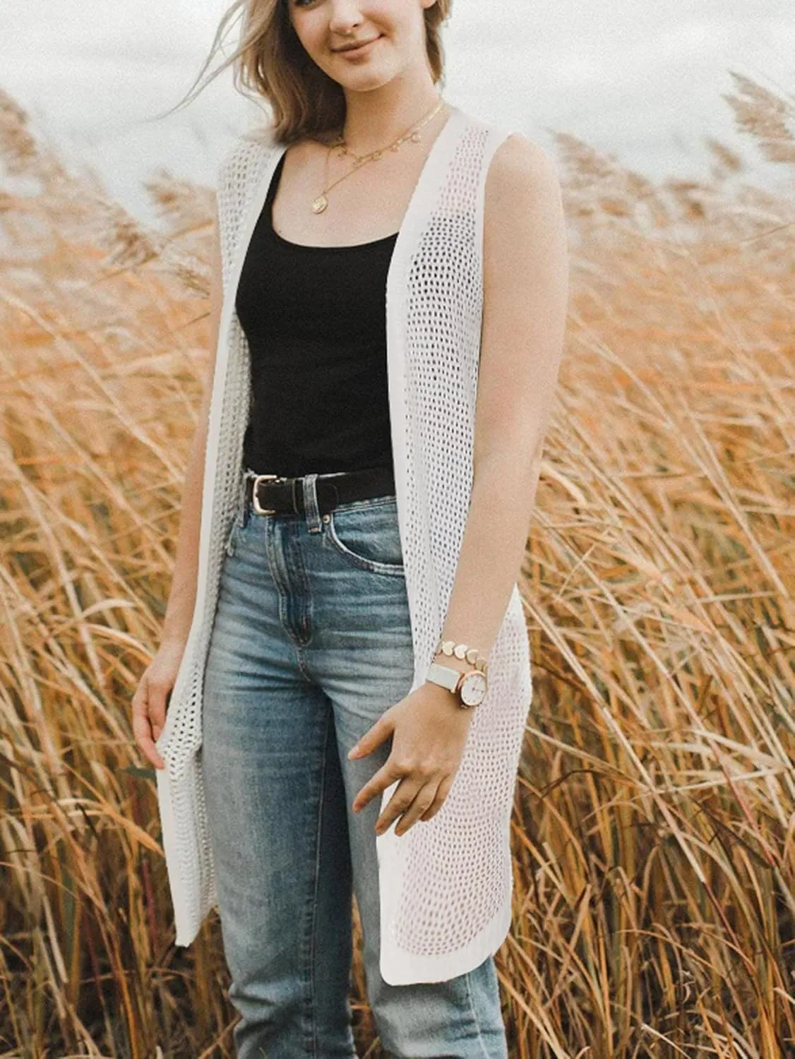 Moss Rose Womens Sleeveless Cardigans Vests Long Open Front Hollow Crochet Cardigan Sweater Duster Vest