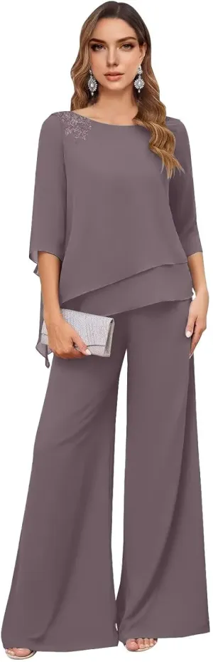 Mother of The Bride Pant Suits for Women 2 Piece Dressy Chiffon Petite Formal Wedding Guest Outfits