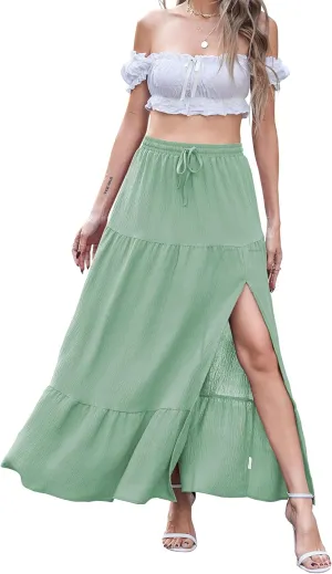 Newchoice Women's Flowy Maxi Skirt with Slit Elastic High Waisted Casual Summer Long Skirts
