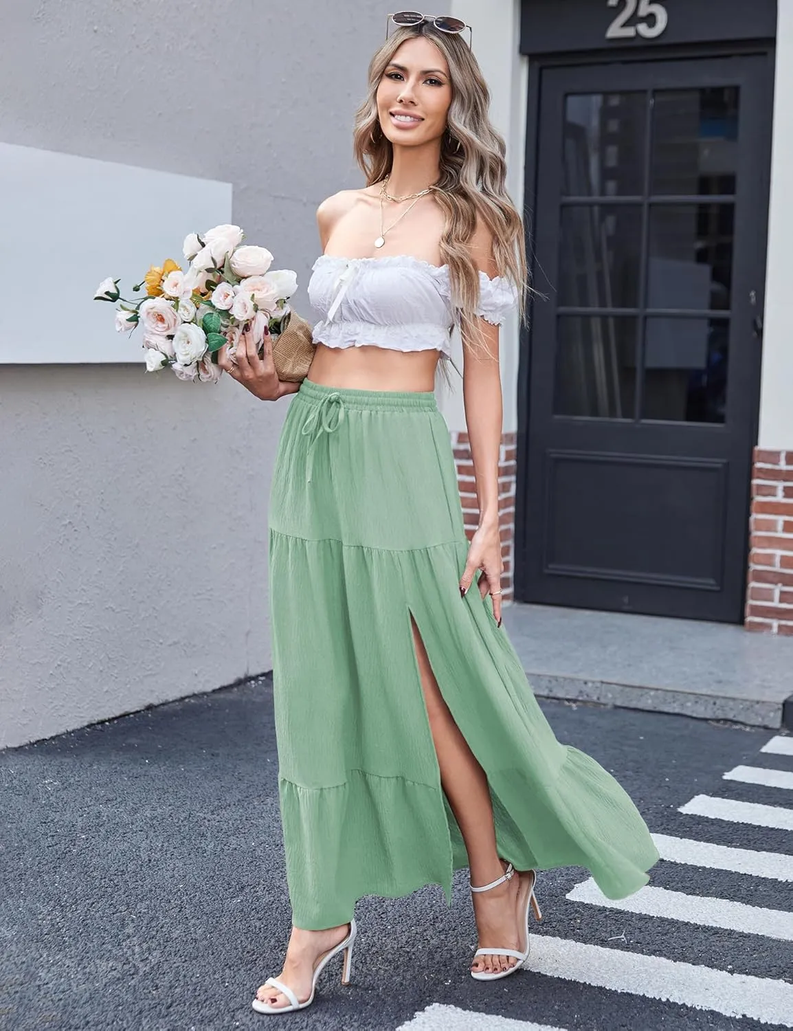 Newchoice Women's Flowy Maxi Skirt with Slit Elastic High Waisted Casual Summer Long Skirts