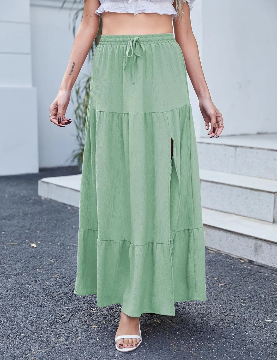 Newchoice Women's Flowy Maxi Skirt with Slit Elastic High Waisted Casual Summer Long Skirts
