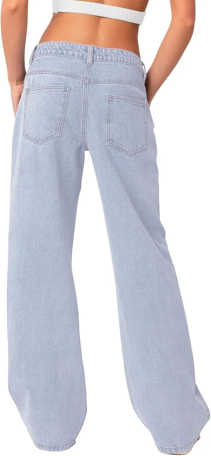 NIMIN Womens Mid Waist Boyfriend Jeans Summer Casual Lounge Loose Straight Wide Leg Y2K Pants with Pockets
