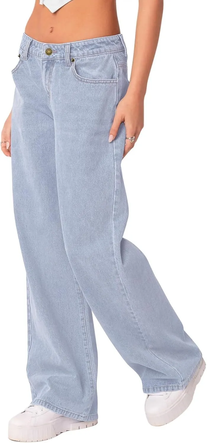 NIMIN Womens Mid Waist Boyfriend Jeans Summer Casual Lounge Loose Straight Wide Leg Y2K Pants with Pockets