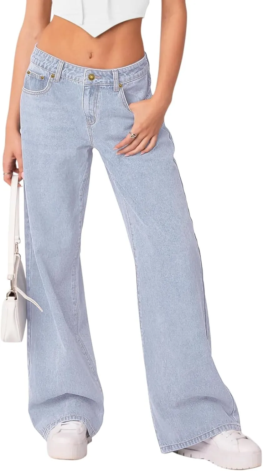 NIMIN Womens Mid Waist Boyfriend Jeans Summer Casual Lounge Loose Straight Wide Leg Y2K Pants with Pockets