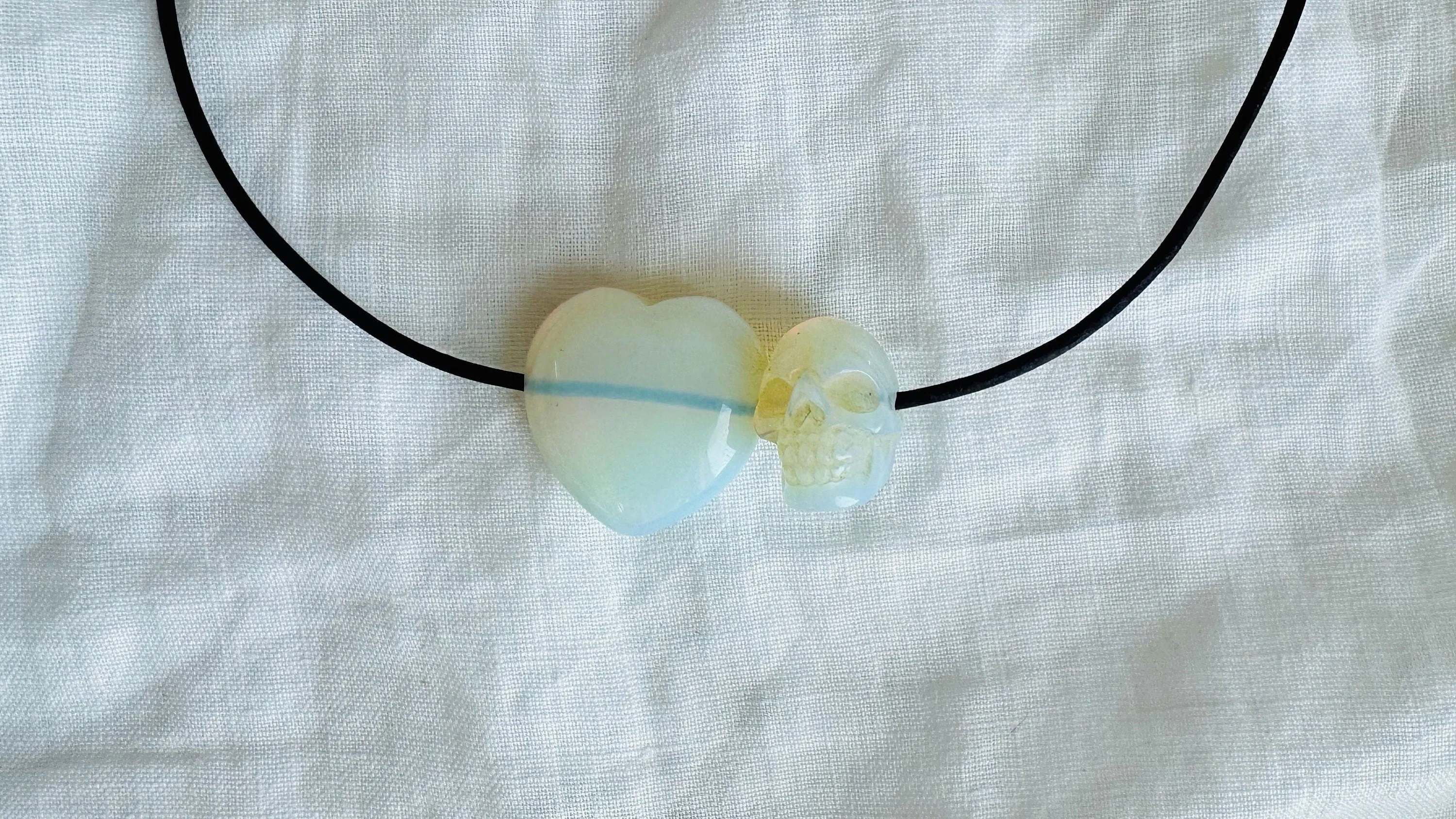 Opalite Heart & Skull Pendant Necklace. Sterling Silver. Leather.