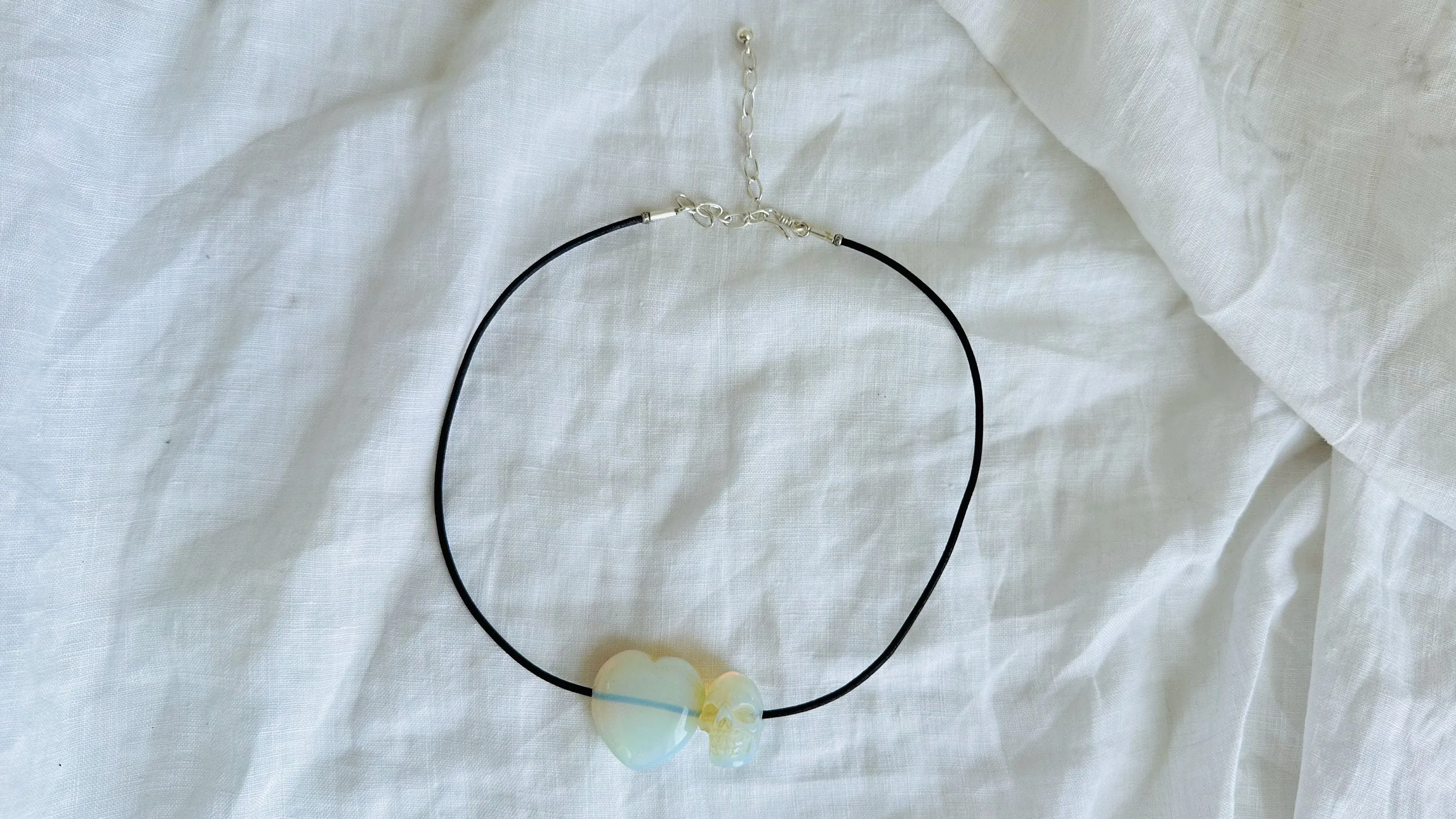 Opalite Heart & Skull Pendant Necklace. Sterling Silver. Leather.