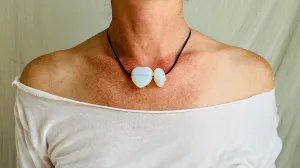 Opalite Heart & Skull Pendant Necklace. Sterling Silver. Leather.