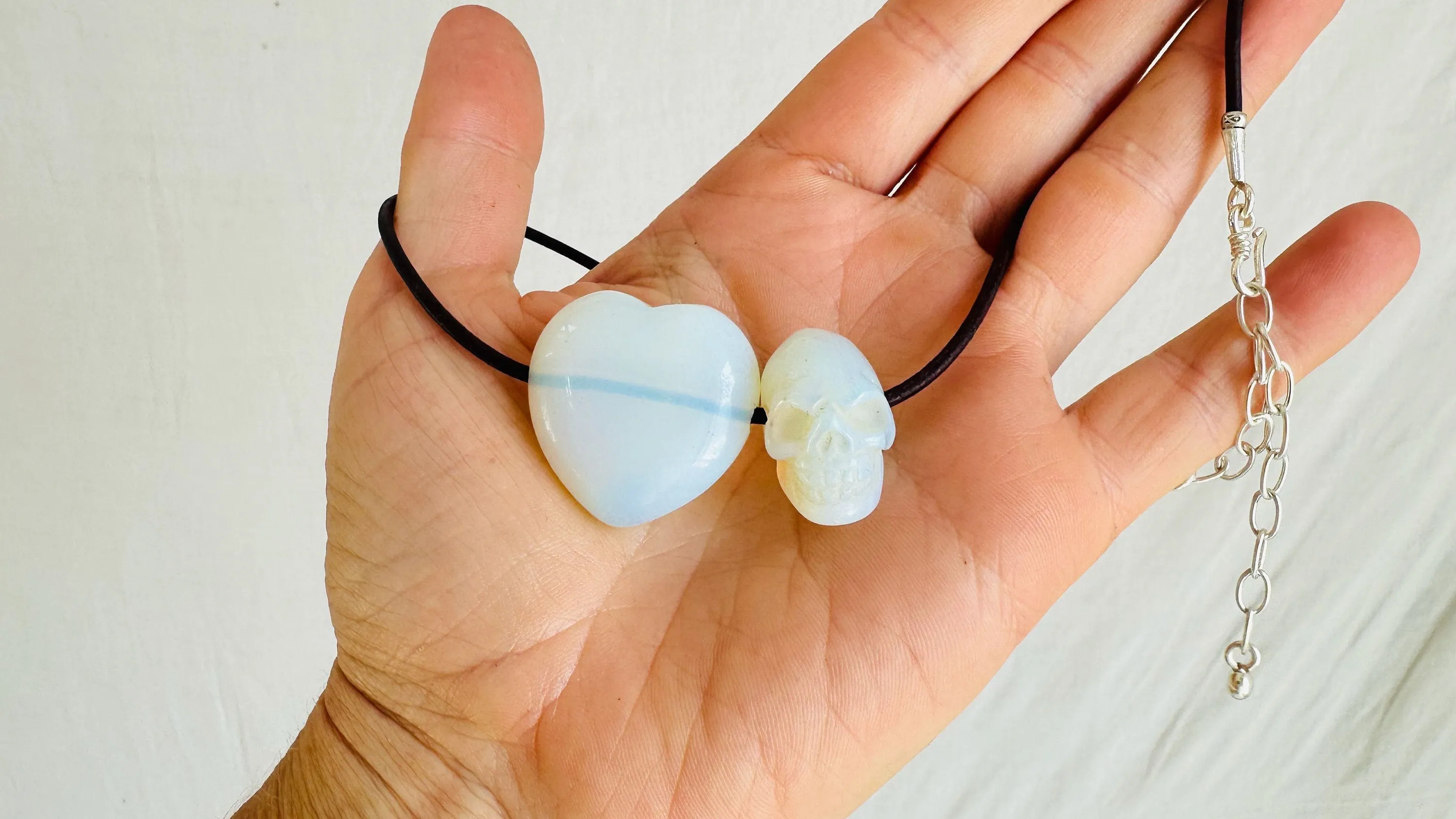Opalite Heart & Skull Pendant Necklace. Sterling Silver. Leather.