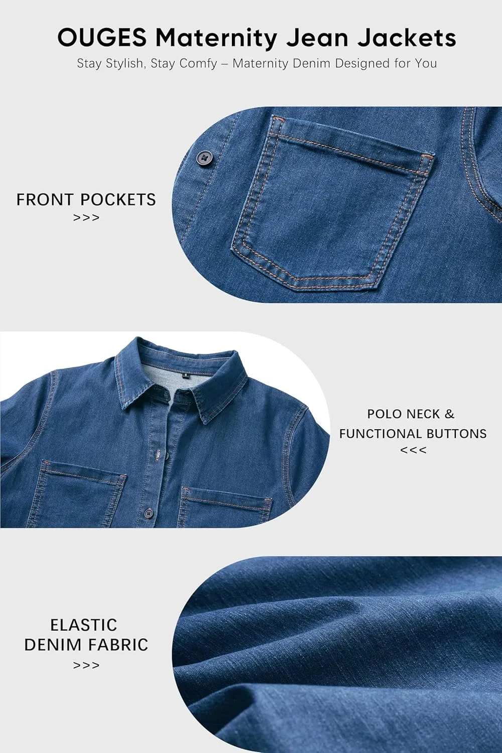 OUGES Womens 2025 Summer Maternity Clothes Short Sleeve Jean Jacket Button Down Pregnancy Denim Shirt Casual Tops