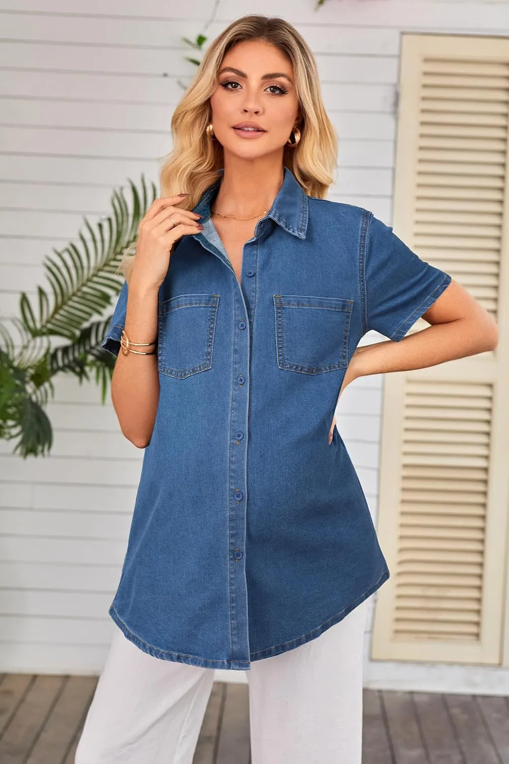 OUGES Womens 2025 Summer Maternity Clothes Short Sleeve Jean Jacket Button Down Pregnancy Denim Shirt Casual Tops