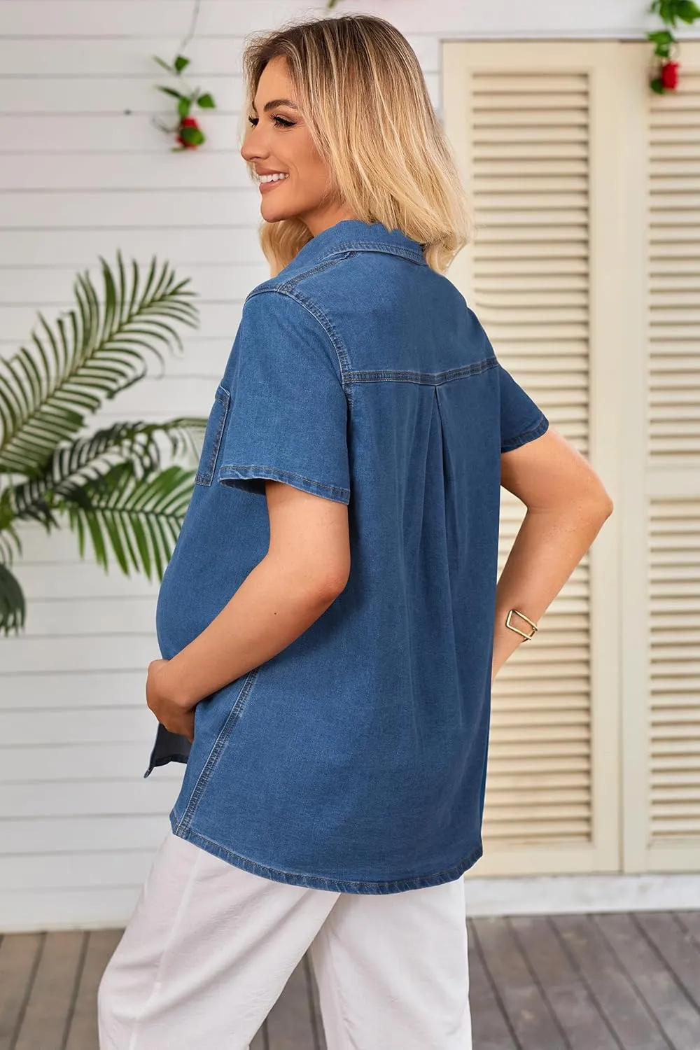 OUGES Womens 2025 Summer Maternity Clothes Short Sleeve Jean Jacket Button Down Pregnancy Denim Shirt Casual Tops
