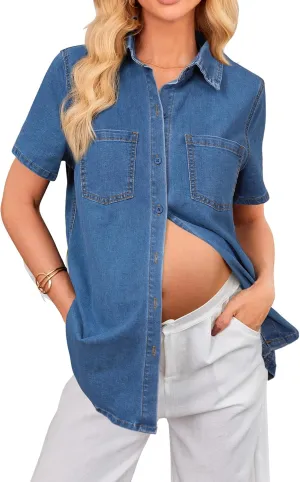 OUGES Womens 2025 Summer Maternity Clothes Short Sleeve Jean Jacket Button Down Pregnancy Denim Shirt Casual Tops