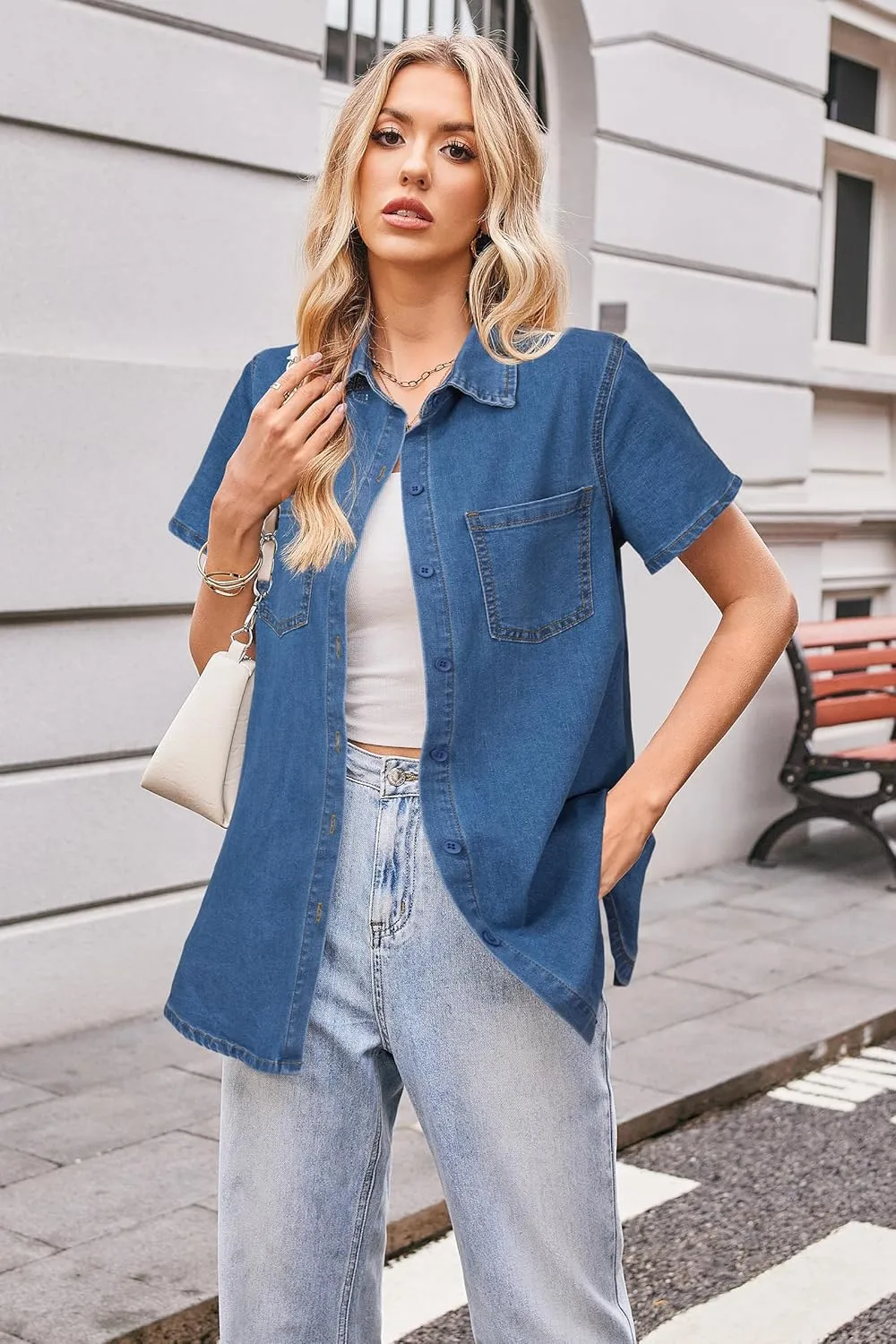 OUGES Womens 2025 Summer Maternity Clothes Short Sleeve Jean Jacket Button Down Pregnancy Denim Shirt Casual Tops
