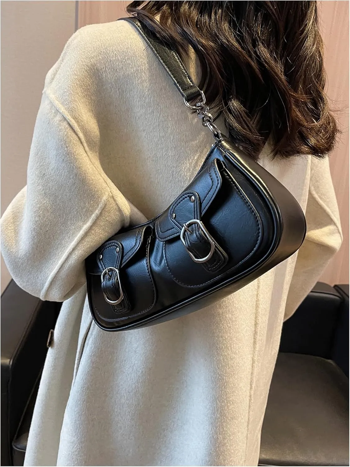 OYOANGLE Women's PU Leather Shoulder Bags Zipper Top Handle Buckle Y2K Underarm Bags Punk Clutch Handbags Streetwear