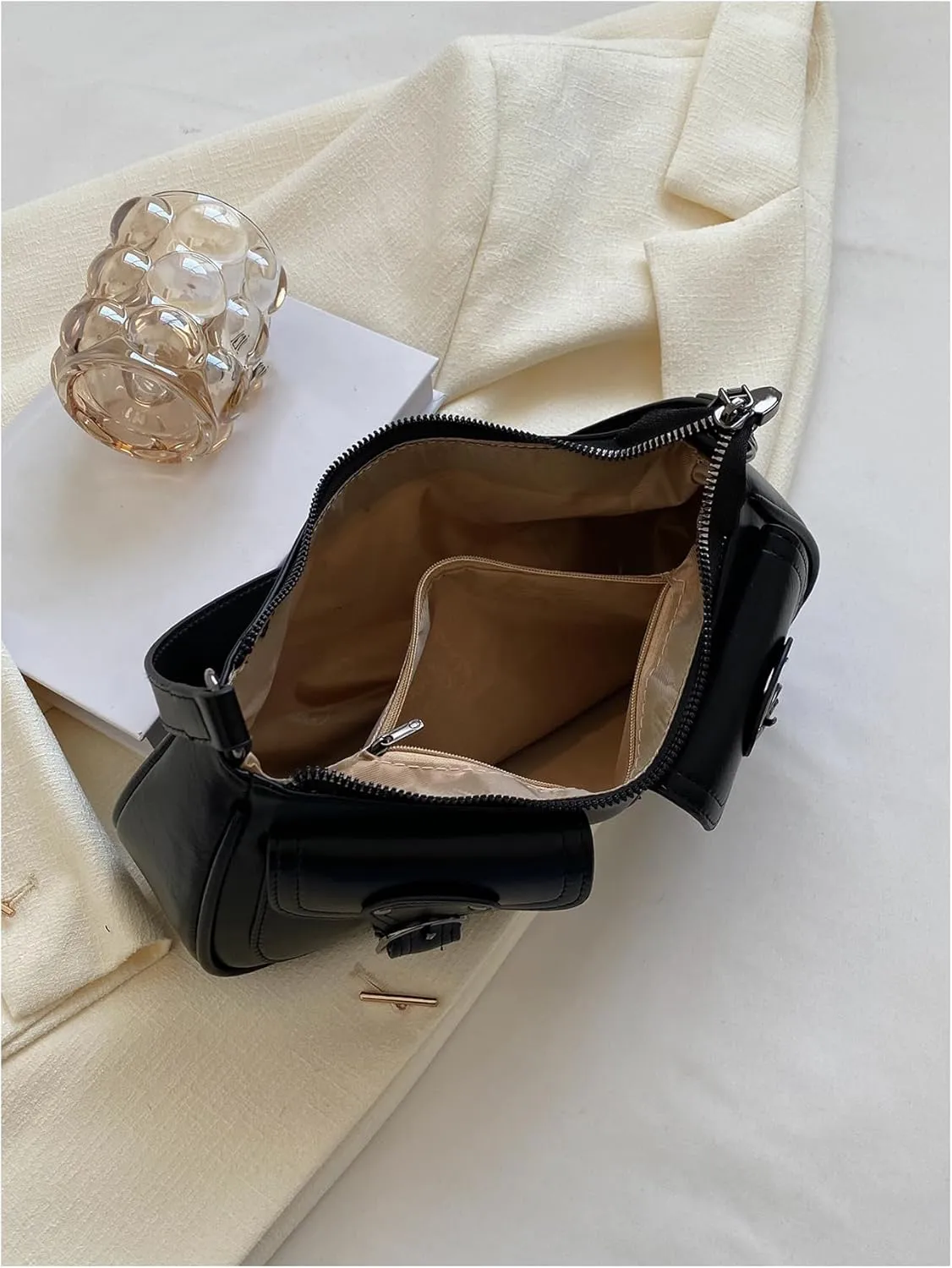 OYOANGLE Women's PU Leather Shoulder Bags Zipper Top Handle Buckle Y2K Underarm Bags Punk Clutch Handbags Streetwear