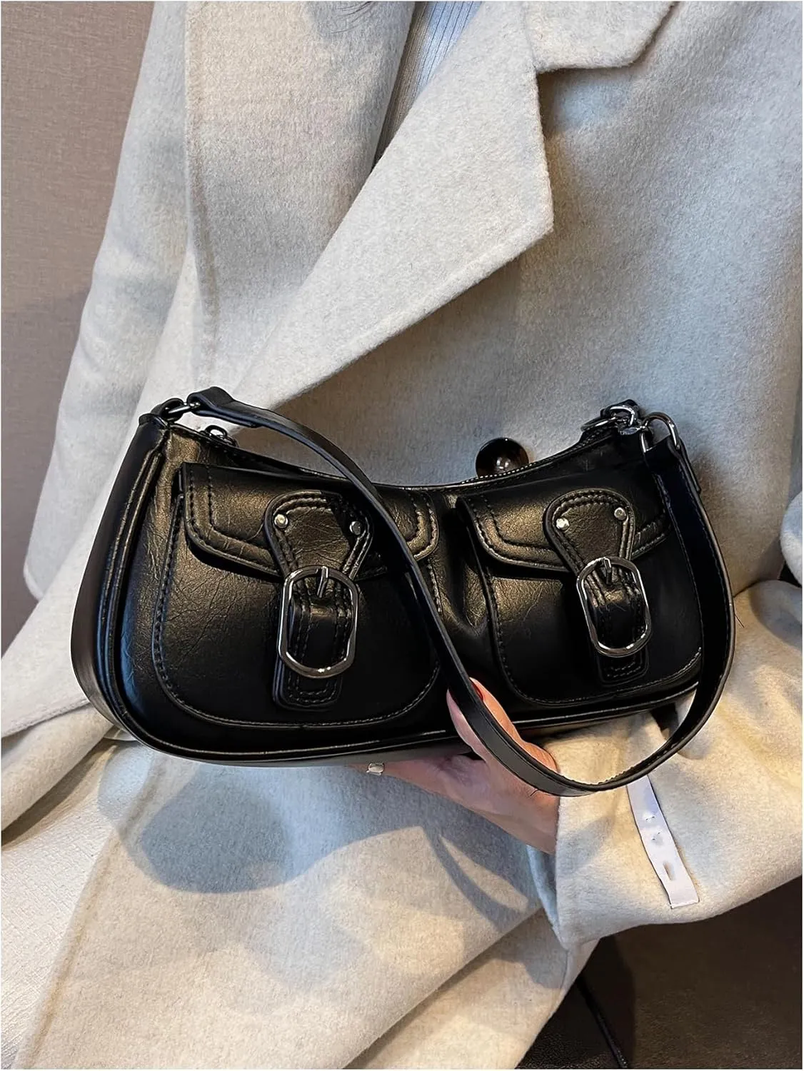 OYOANGLE Women's PU Leather Shoulder Bags Zipper Top Handle Buckle Y2K Underarm Bags Punk Clutch Handbags Streetwear
