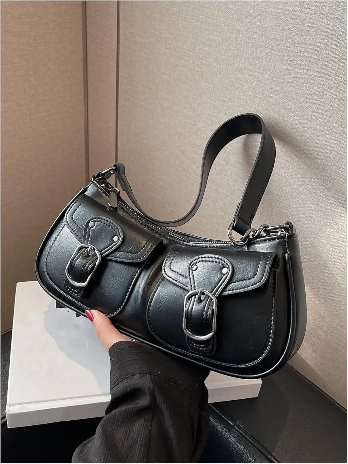 OYOANGLE Women's PU Leather Shoulder Bags Zipper Top Handle Buckle Y2K Underarm Bags Punk Clutch Handbags Streetwear