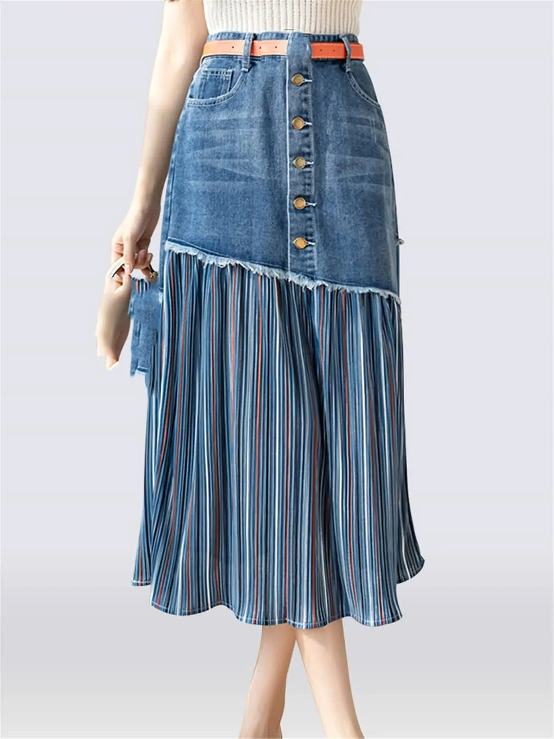 Patchwork Pleated Jeans Skirts Women High Waist Ripped Skirts Vintage Pocket Midi Skirt