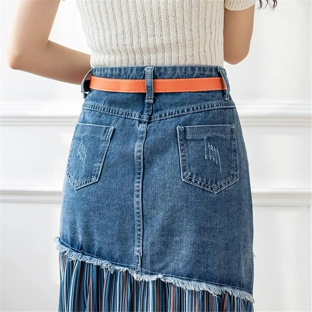 Patchwork Pleated Jeans Skirts Women High Waist Ripped Skirts Vintage Pocket Midi Skirt