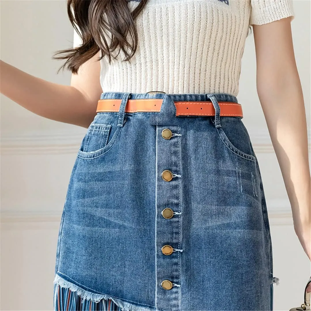 Patchwork Pleated Jeans Skirts Women High Waist Ripped Skirts Vintage Pocket Midi Skirt