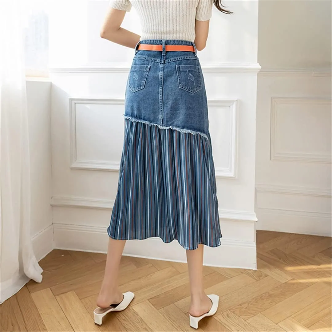 Patchwork Pleated Jeans Skirts Women High Waist Ripped Skirts Vintage Pocket Midi Skirt