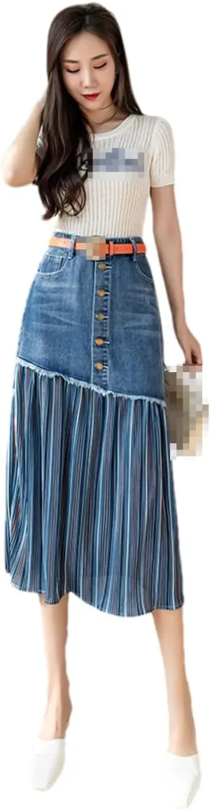 Patchwork Pleated Jeans Skirts Women High Waist Ripped Skirts Vintage Pocket Midi Skirt